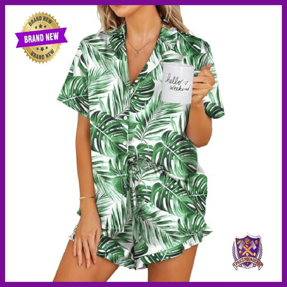 Women's Satin Pajama Set Button Down Shorts Sleepwear Lounge - Picture 2 of 8